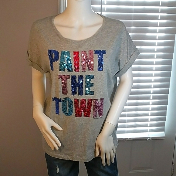 Soho New York & Company Womens Gray Sequin Roll Up Cap Sleeves Tee Shirt Size M - Picture 7 of 10